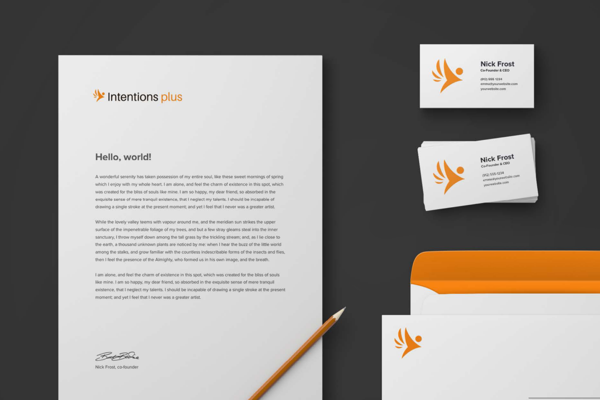 Logo mockup for Intentions Plus featuring various stationary