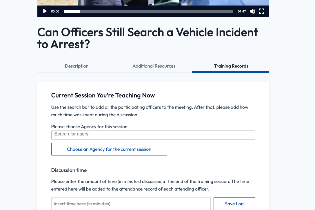 Inline training logging interface beneath a course video