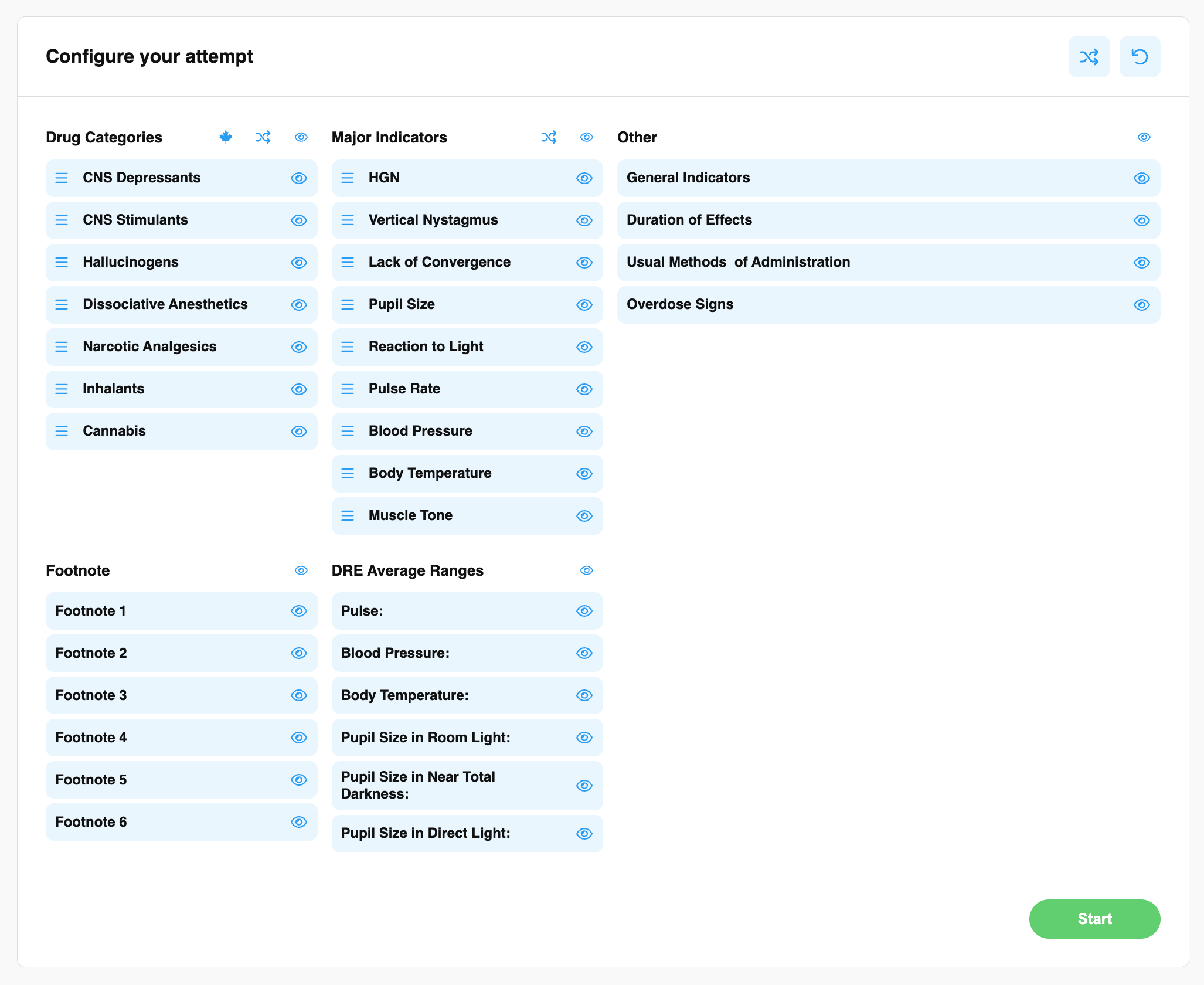 A customizable matrix where users can rearrange or hide columns and rows based on drug categories for focused learning.