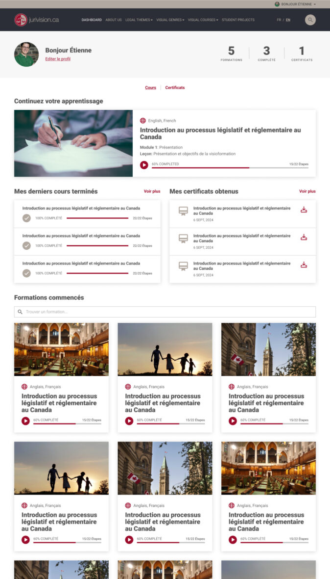 LMS dashboard with user progress tracking, course access, and personalized recommendations.