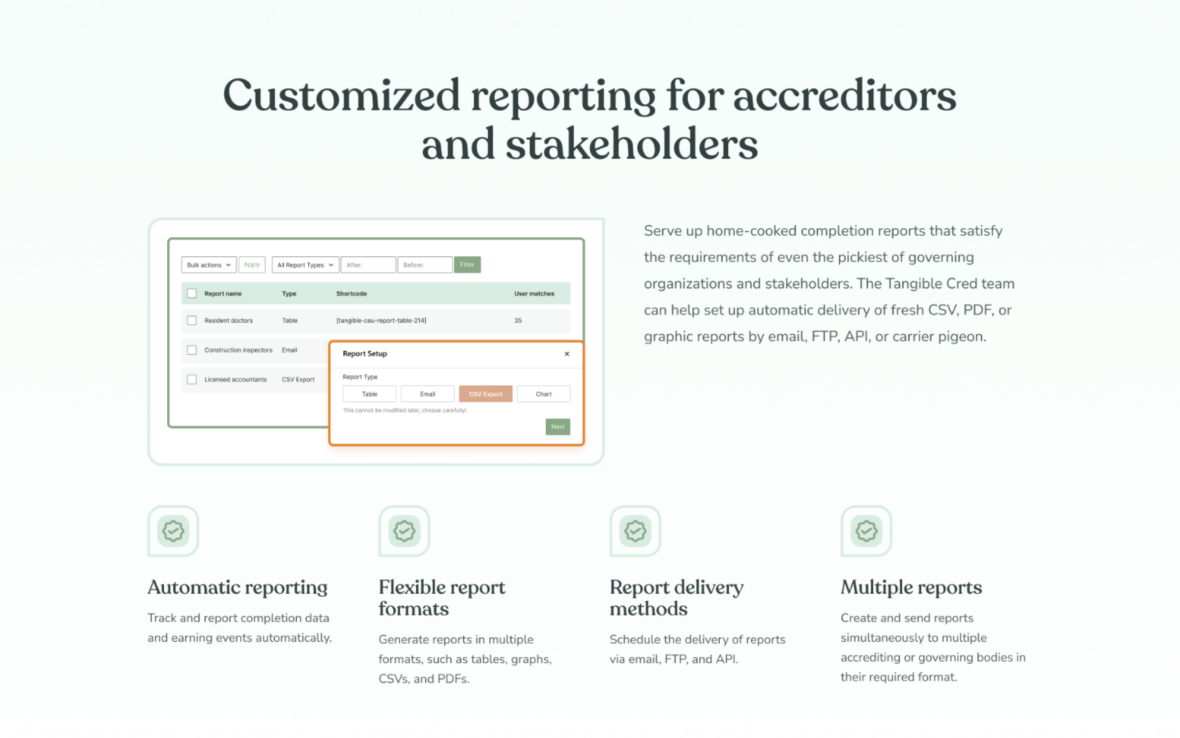 Features page of Tangible Cred, detailing core functionalities such as automated certificate delivery and compliance tracking.