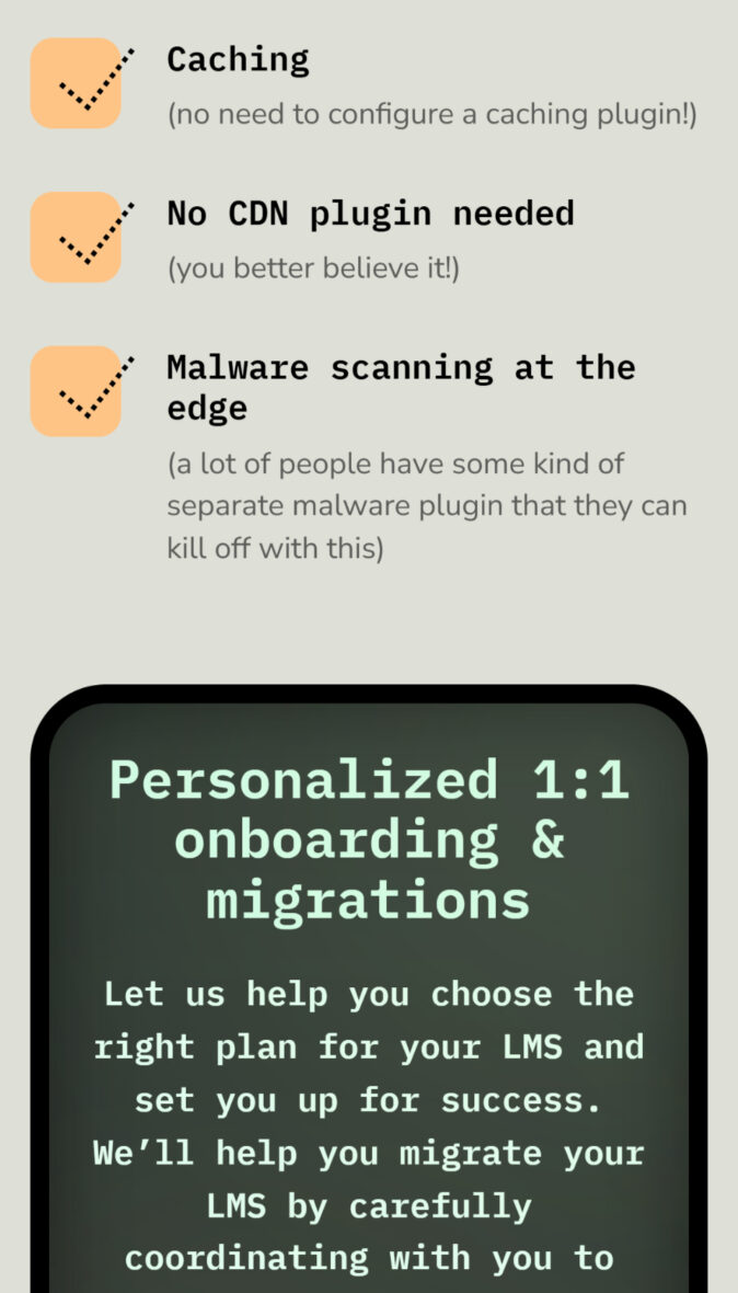 Mobile view of the hosting platform's homepage features section, highlighting the core value proposition with bold visuals and clear messaging